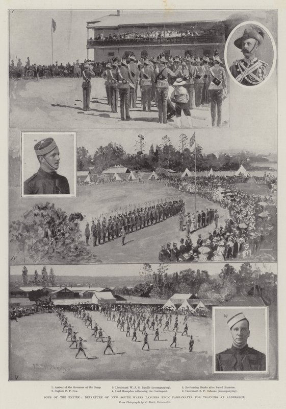 Sons of the Empire, a New South Wales Lancers indulása Parramatta-ból edzésre Aldershotban alkotó: Henry Charles Seppings Wright