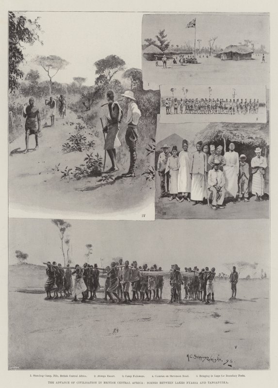 A civilizáció előrehaladása a brit Közép-Afrikában, jelenetek a Nyassa-tó és a Tanganyika-tó között alkotó: Henry Charles Seppings Wright