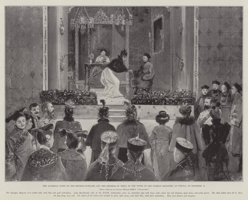 A kínai császárné és a császár által a külügyminiszterek feleségeinek Pekingben december 13-án adott audiencia. alkotó: Henry Charles Seppings Wright
