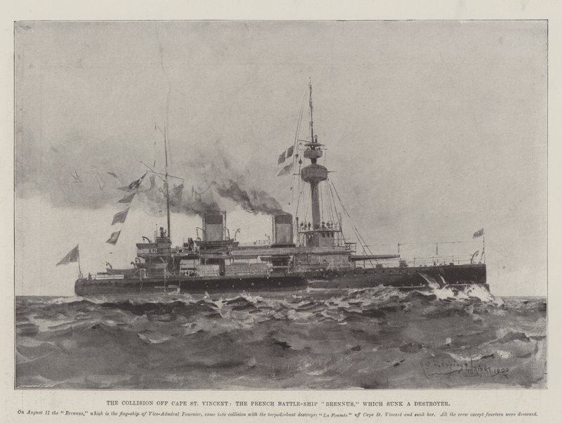 A St Vincent-foknál történt ütközés, a francia Brennus csatahajó elsüllyesztett egy rombolót. alkotó: Henry Charles Seppings Wright