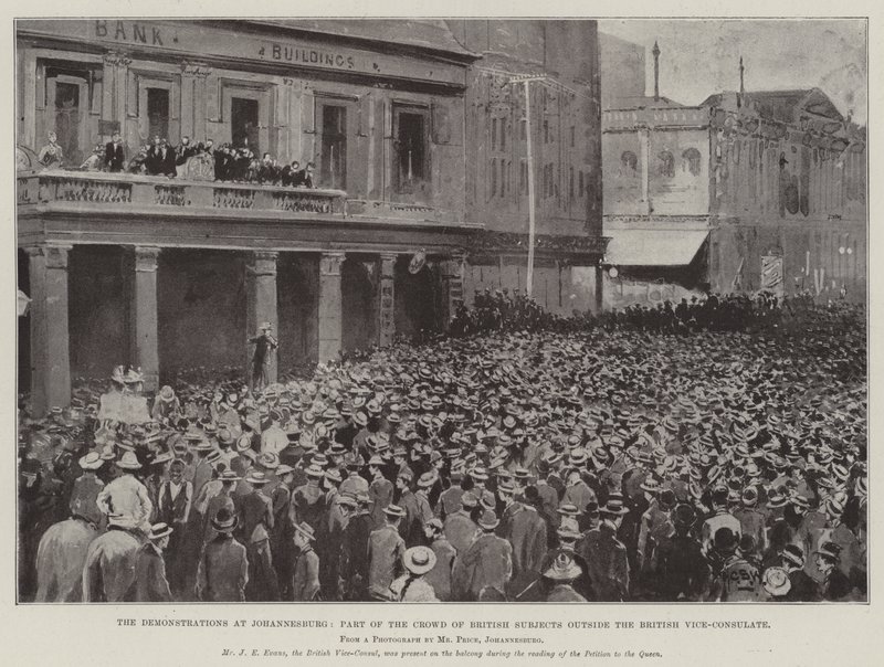 A johannesburgi demonstrációk, a brit alanyok tömegének része a brit alkonzulátuson kívül alkotó: Henry Charles Seppings Wright
