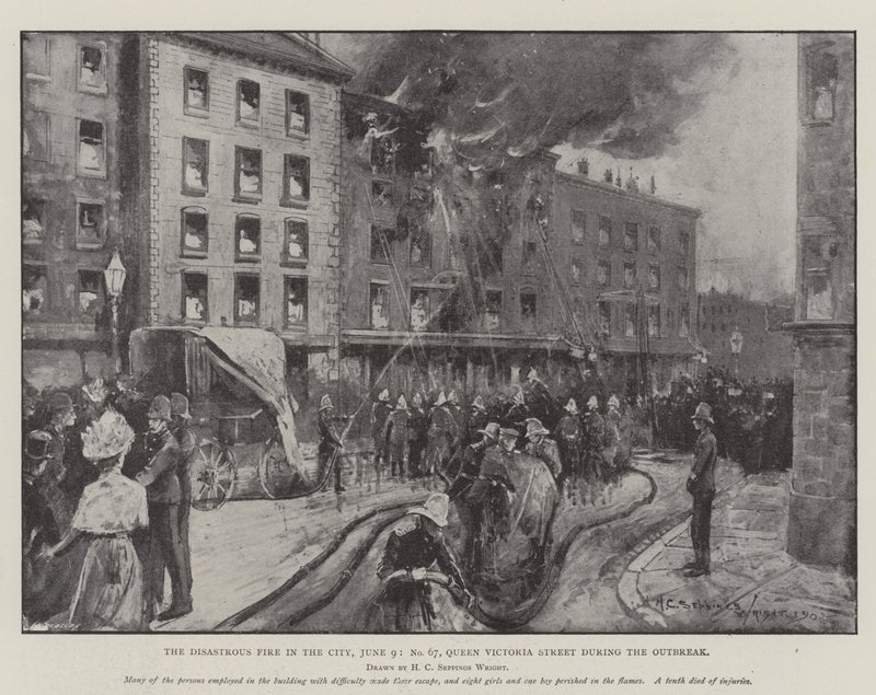 A katasztrofális tűz a városban, június 9., 67. szám, Queen Victoria Street a járvány idején alkotó: Henry Charles Seppings Wright