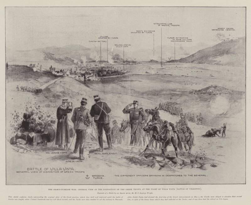 A görög-török háború, általános kép a görög csapatok felépítéséről a Villa Vista-i harcban (velestinoi csata) alkotó: Henry Charles Seppings Wright