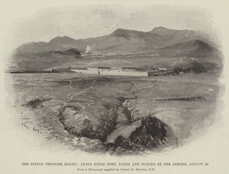 Az Indian Frontier Rising, Lundi Kotal erőd, amelyet az Afridisek elfoglaltak és felgyújtottak, augusztus 24. alkotó: Henry Charles Seppings Wright