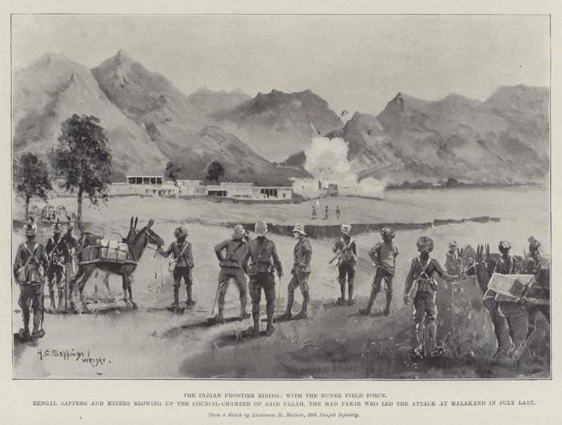 Az Indian Frontier Rising, a Buner Field Force, a bengáli zsákmányolók és a bányászok felrobbantják Said Ullah tanácstermét, az őrült fakírt, aki tavaly júliusban a malakandi támadást vezette. alkotó: Henry Charles Seppings Wright