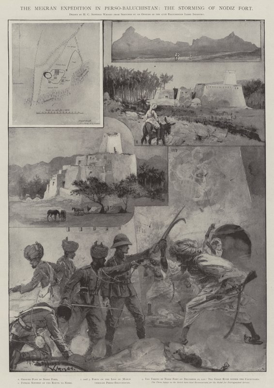 A Makran-expedíció Person-Baludzsisztánban, a Nodiz-erőd megtámadása alkotó: Henry Charles Seppings Wright