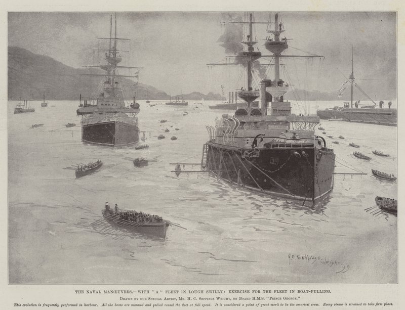 A haditengerészeti manőverek egy flottával Lough Swillyben, gyakorlat a flotta számára csónakhúzásban alkotó: Henry Charles Seppings Wright