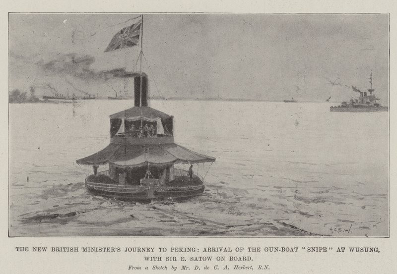 Az új brit miniszter utazása Pekingbe, a fegyveres csónakos Snipe érkezése Wusungba Sir E Satow-val a fedélzeten alkotó: Henry Charles Seppings Wright