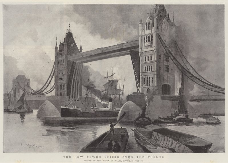 A Temzén átívelő New Tower Bridge, amelyet a walesi herceg nyitott meg június 30-án, szombaton alkotó: Henry Charles Seppings Wright