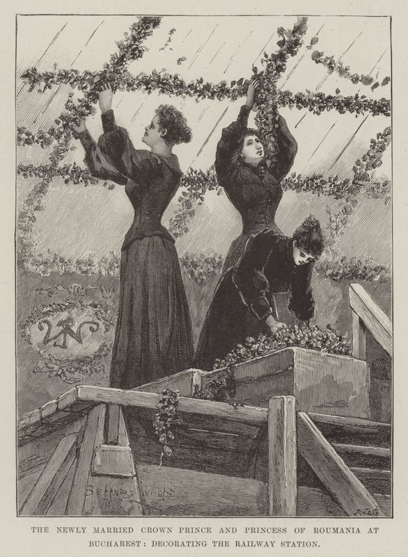A frissen házasodott román trónörökös és hercegnő Bukarestben, a vasútállomás díszítése alkotó: Henry Charles Seppings Wright