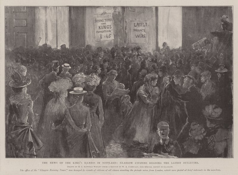 Hírek a király betegségéről Skóciában, Glasgow-i polgárok olvassák a legfrissebb közleményeket alkotó: Henry Charles Seppings Wright