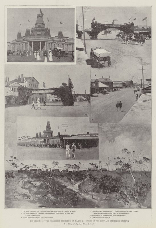 A Coolgardie kiállítás megnyitója március 21-én, Jelenetek a városban és a kiállítótér alkotó: Henry Charles Seppings Wright
