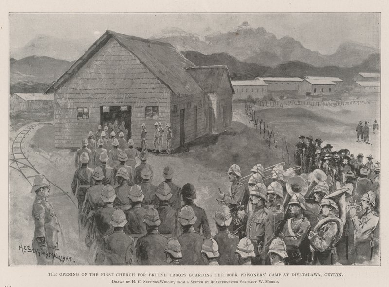 A búr fogolytábort őrző brit csapatok első templomának megnyitása Diyatalawában, Ceylonban alkotó: Henry Charles Seppings Wright