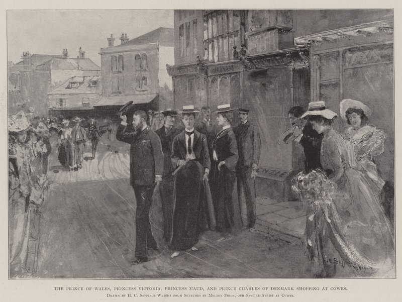 A walesi herceg, Viktória hercegnő, Maud hercegnő és Károly dán herceg vásárolgat Cowes-ban. alkotó: Henry Charles Seppings Wright