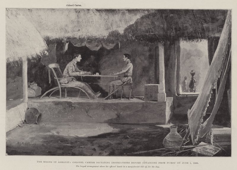 A Rising in Ashanti, Carter ezredes utasításokat diktált, mielőtt Fumsuból 1900. június 1-jén előrenyomult volna. alkotó: Henry Charles Seppings Wright