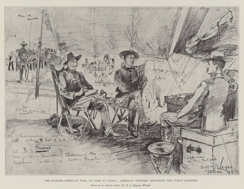 A spanyol-amerikai háború a tampai táborban, amerikai tisztek a kubai kérdésről tárgyalnak alkotó: Henry Charles Seppings Wright