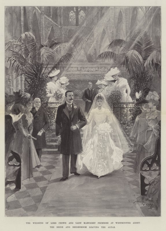 Lord Crewe és Lady Margaret Primrose esküvője a Westminster Abbeyben, a menyasszony és a vőlegény elhagyja az oltárt alkotó: Henry Charles Seppings Wright