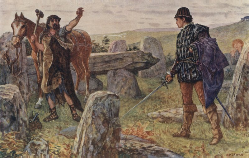 Tressilian kardjával a kezében megindult, körbefutotta a bozótot, és szembekerült egy patkolókovács bőrkötényében. alkotó: Henry Justice Ford