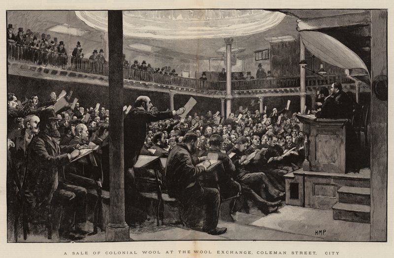 Gyarmati gyapjú eladása a gyapjútőzsdén, Coleman Streeten, Cityben alkotó: Henry Marriott Paget