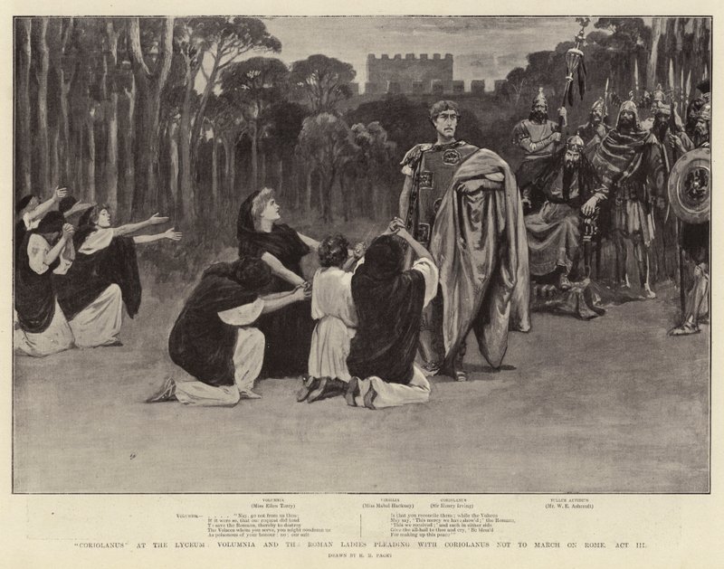 Coriolanus a Lyceumban, Volumnia és a római hölgyek könyörögnek Coriolanusnak, hogy ne meneteljen Rómára, III. felvonás alkotó: Henry Marriott Paget