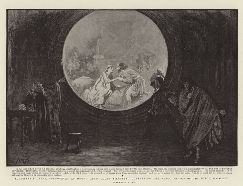 Schumann operája, Genoveva, a Drury Lane-ben, Siegfried gróf tanácsot ad a Boszorkány Margit varázstükrének alkotó: Henry Marriott Paget