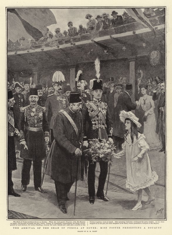 A perzsa sah érkezése Doverbe, Miss Foster virágcsokrot nyújt át alkotó: Henry Marriott Paget
