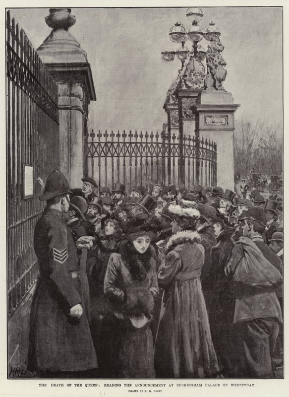 A királynő halála, a közlemény felolvasása a Buckingham-palotában szerdán alkotó: Henry Marriott Paget