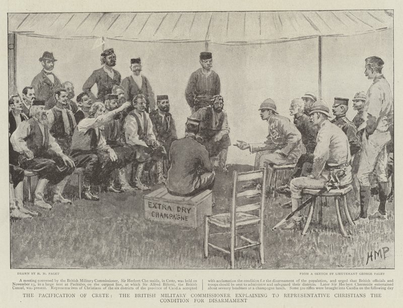A krétai békekötés, a brit katonai biztos elmagyarázza a keresztények képviselőjének a leszerelés feltételeit alkotó: Henry Marriott Paget