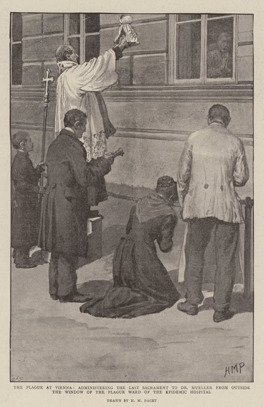 A pestis Bécsben, az Utolsó Szentség kiszolgáltatása Dr. Muellernek a járványkórház pestisosztályának ablakán kívül alkotó: Henry Marriott Paget