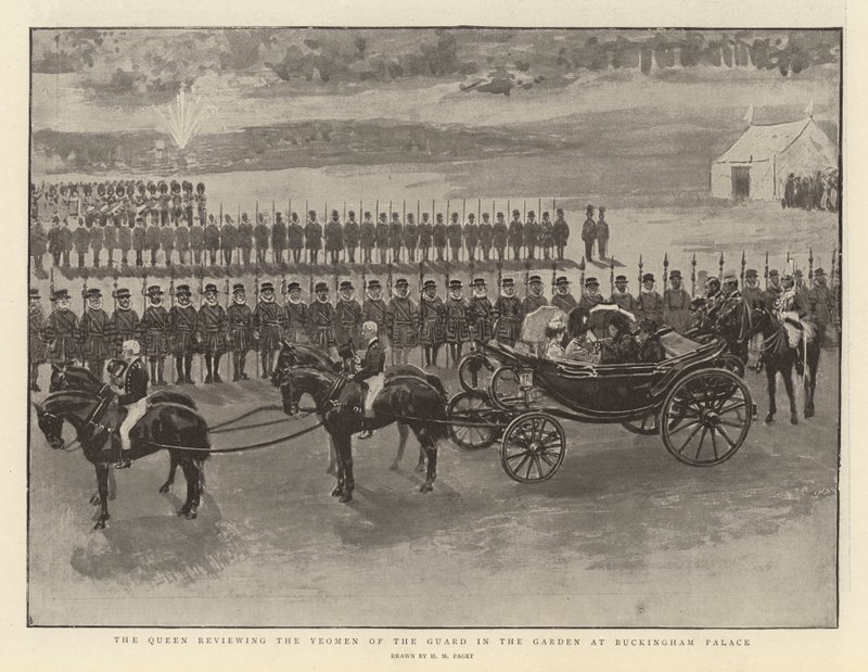 A királynő a Buckingham-palota kertjében áttekinti az Őrség yeomenjét alkotó: Henry Marriott Paget