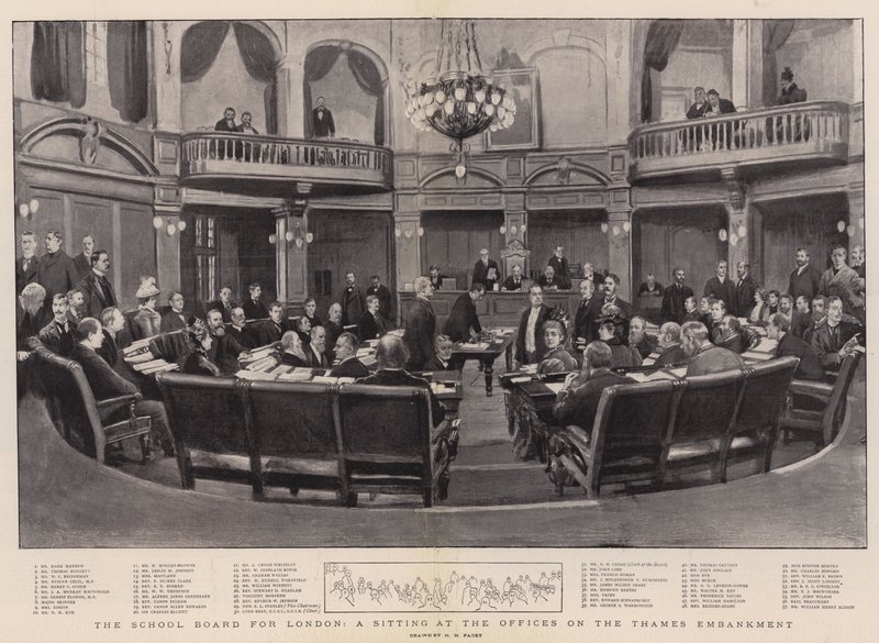 A londoni iskolaszék, a Temze rakparti irodáiban ülés alkotó: Henry Marriott Paget
