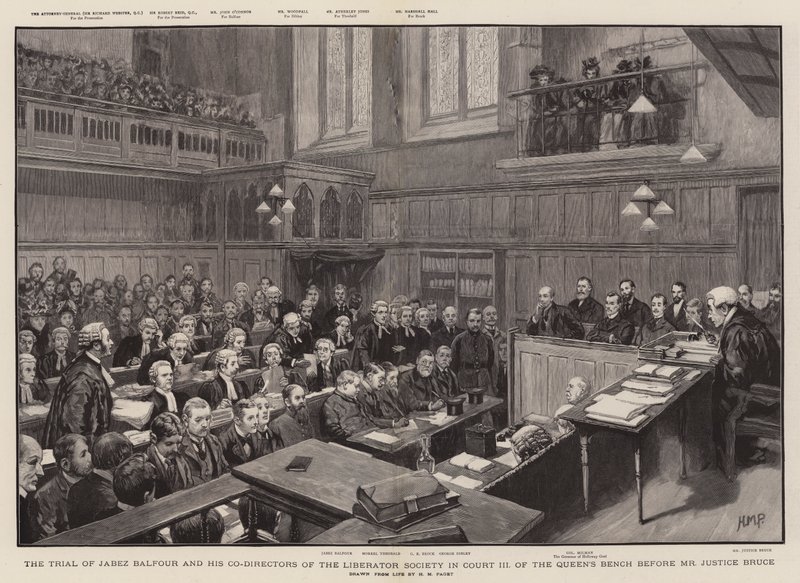Jabez Balfour és a Liberator Society társigazgatói per a királynői pad III. bíróságán Bruce bíró előtt alkotó: Henry Marriott Paget