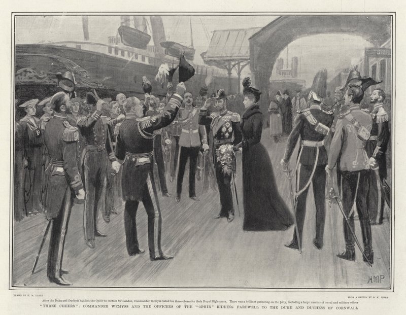 Three Cheers, Wemyss parancsnok és az Ophir tisztjei búcsút int Cornwall hercegétől és hercegnőjétől alkotó: Henry Marriott Paget