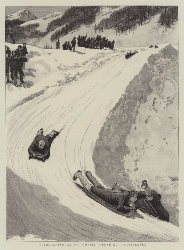 Szánkózás St Moritzban, Engadine államban, Svájcban alkotó: Henry Marriott Paget