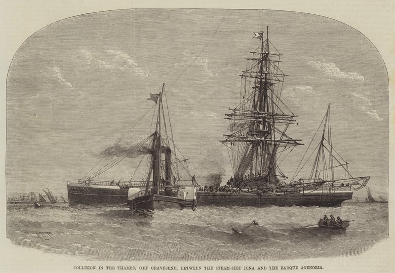 Ütközés a Temzében, Gravesend mellett, az Iona gőzhajó és a Barque Agenoria között alkotó: Henry Spernon Tozer
