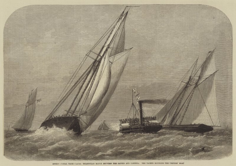 Nemzetközi Yacht-versenyek, háromszögmérkőzés a Sappho és Cambria között, a jachtok megkerülik a játékvezetői hajót alkotó: Henry Spernon Tozer