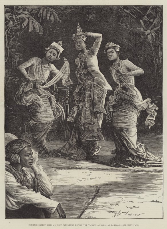 Burmese Ballet Girls, amint felléptek India alkirálya előtt Rangoonban alkotó: Henry Stephen Ludlow