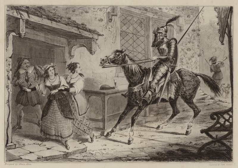 Lovag (Don Quijote) érkezik a fogadóba alkotó: Henry Thomas Alken