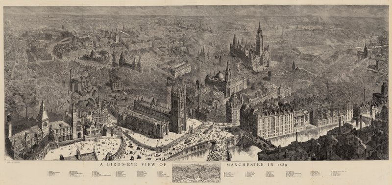 Manchester madártávlati képe 1889-ben alkotó: Henry William Brewer
