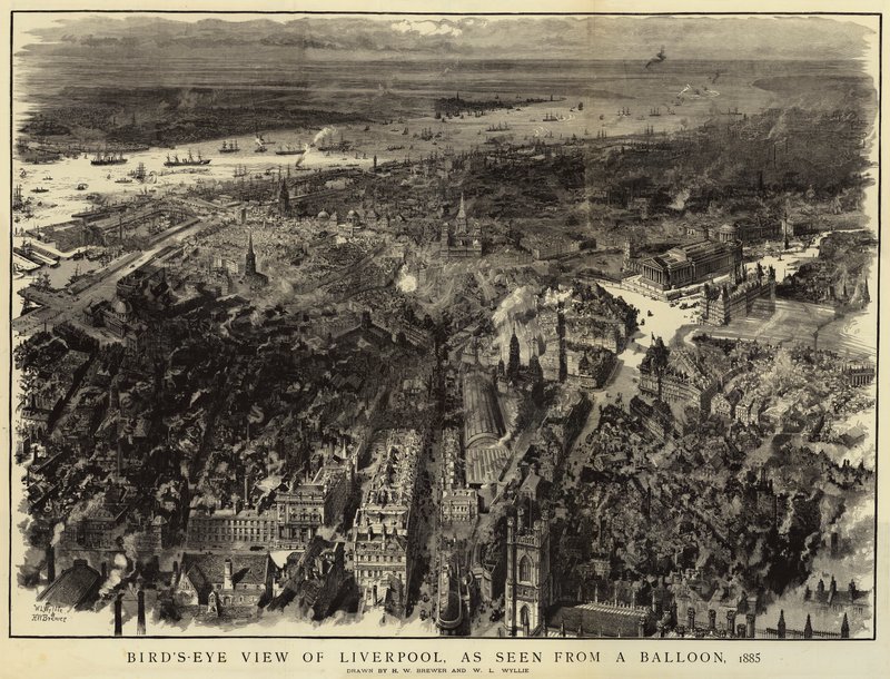 Liverpool madártávlatból, ballonról nézve, 1885 alkotó: Henry William Brewer