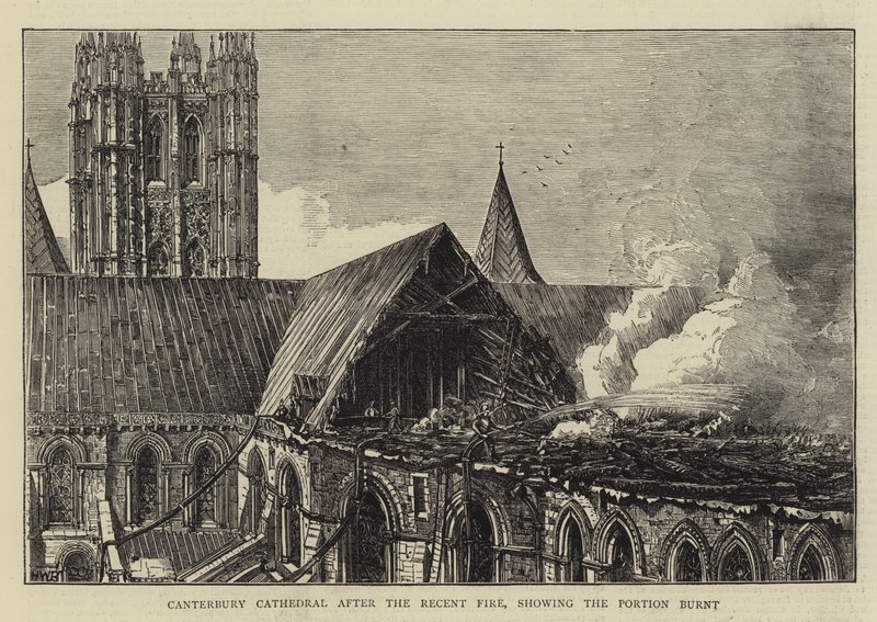 Canterbury katedrálisa a legutóbbi tűzvész után, amelyen látható a leégett rész alkotó: Henry William Brewer