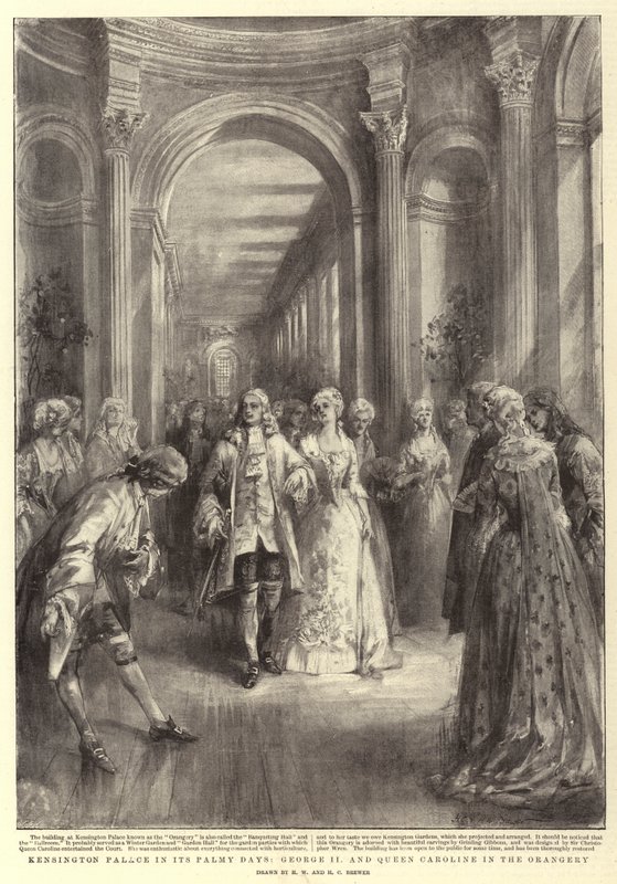 A Kensington-palota Pálma-napjaiban, II. György és Caroline királynő a narancsházban alkotó: Henry William Brewer