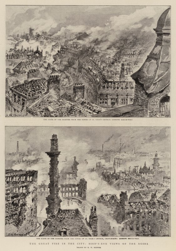 A nagy tűzvész a városban, madártávlat a romokra alkotó: Henry William Brewer