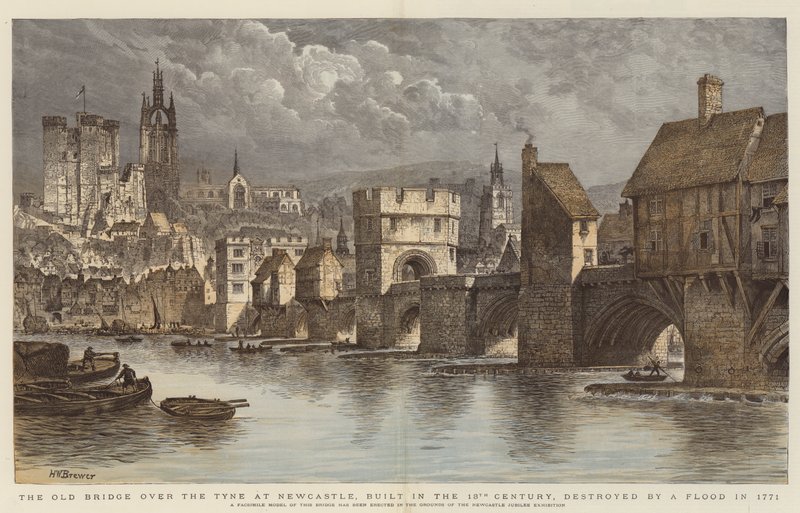A 13. században épült régi híd a Tyne felett Newcastle-ben, 1771-ben egy árvíz pusztította el (színes metszet) alkotó: Henry William Brewer