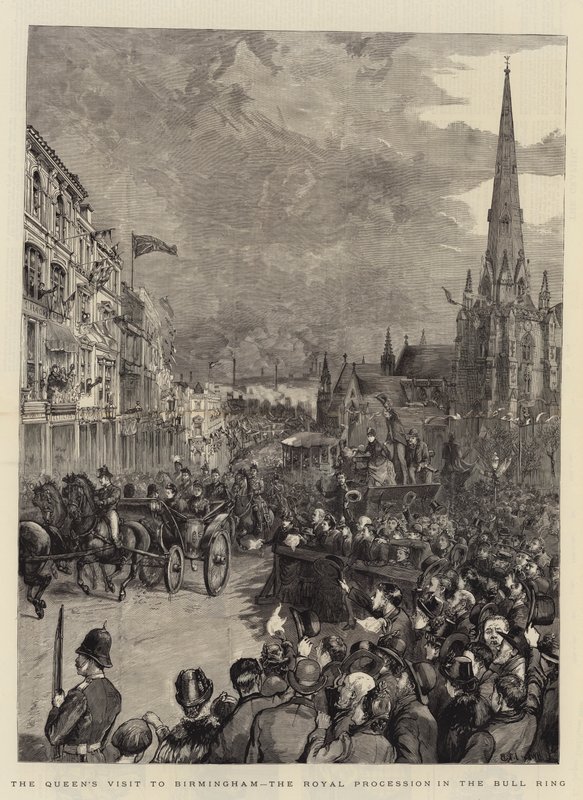 A királynő látogatása Birminghamben, a királyi körmenet a bikaviadalon alkotó: Henry William Brewer