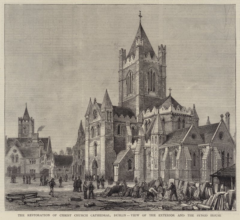 A dublini Christ Church székesegyház felújítása, a külső rész és a zsinati ház látképe alkotó: Henry William Brewer