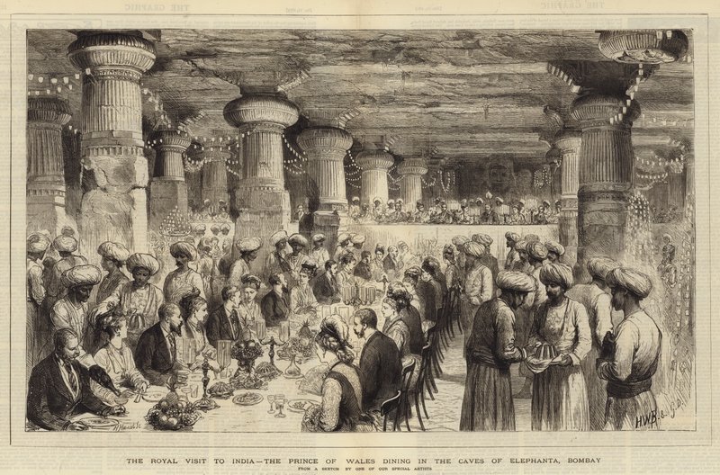 Királyi látogatás Indiában, a walesi herceg étkezése az Elephanta barlangjaiban, Bombayban alkotó: Henry William Brewer