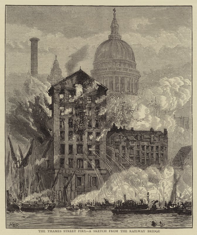 The Thames Street Fire, a Sketch from the Railway Bridge  alkotó: Henry William Brewer