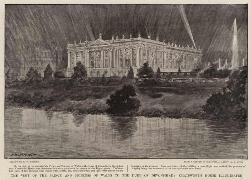 A walesi herceg és hercegnő látogatása Devonshire hercegénél, a Chatsworth-házban megvilágították alkotó: Henry William Brewer