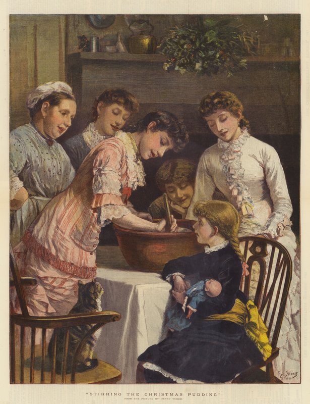 Keverés a karácsonyi puding (chromolitho) alkotó: Henry Woods